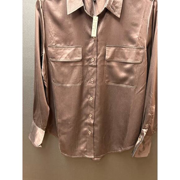 NWT J Crew100% Satin Brown Long Sleeve Blouse Button Down Pockets  Sz Small - Picture 9 of 13